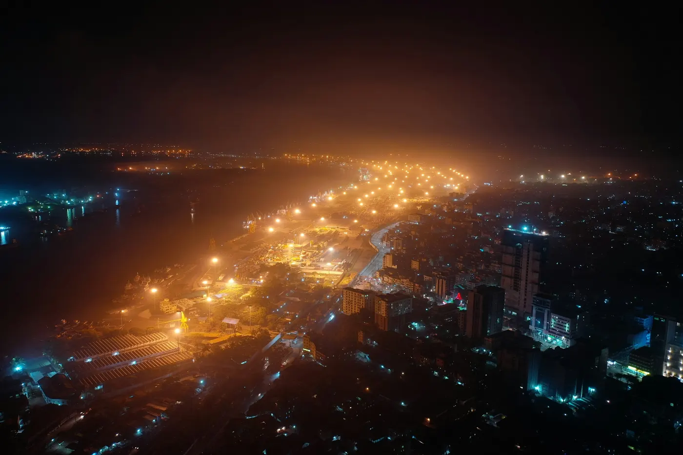 Night aerial view of the Chattogram port area in Bangladesh