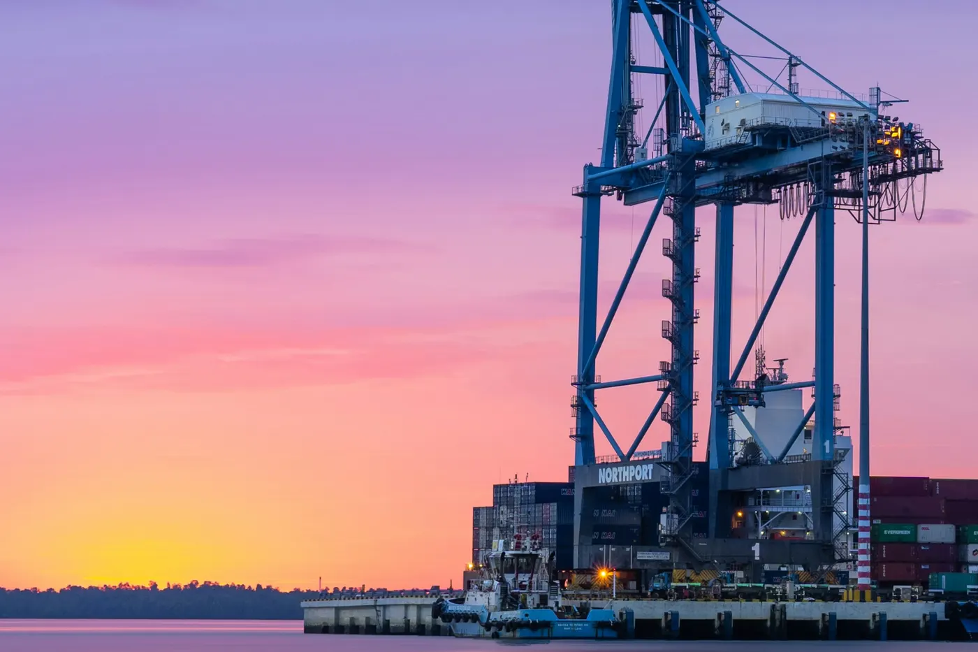 Northport quay crane at sunset in Port Klang, Malaysia