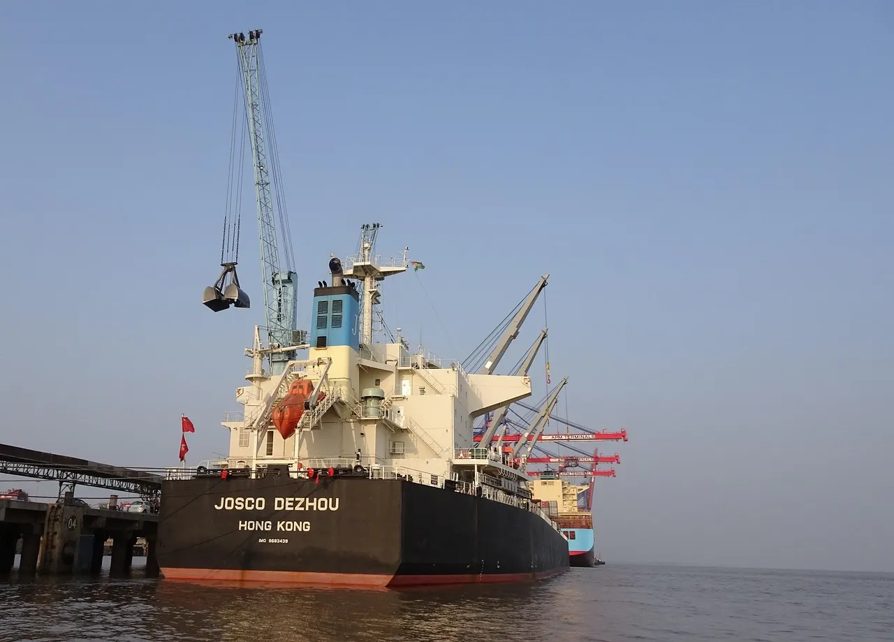 Cargo ship at berth at Pipavav port in Gujarat, India