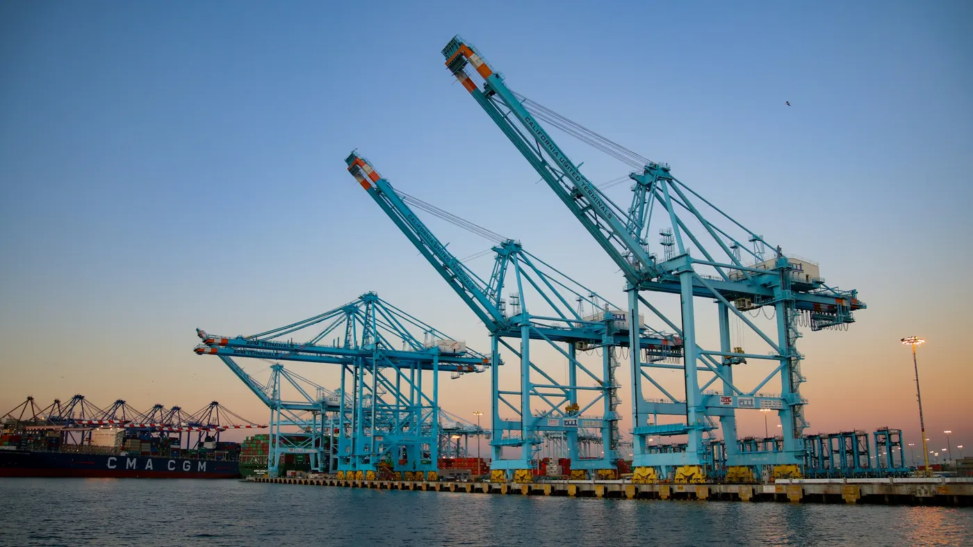 Container terminal quay cranes at the Port of Los Angeles, California