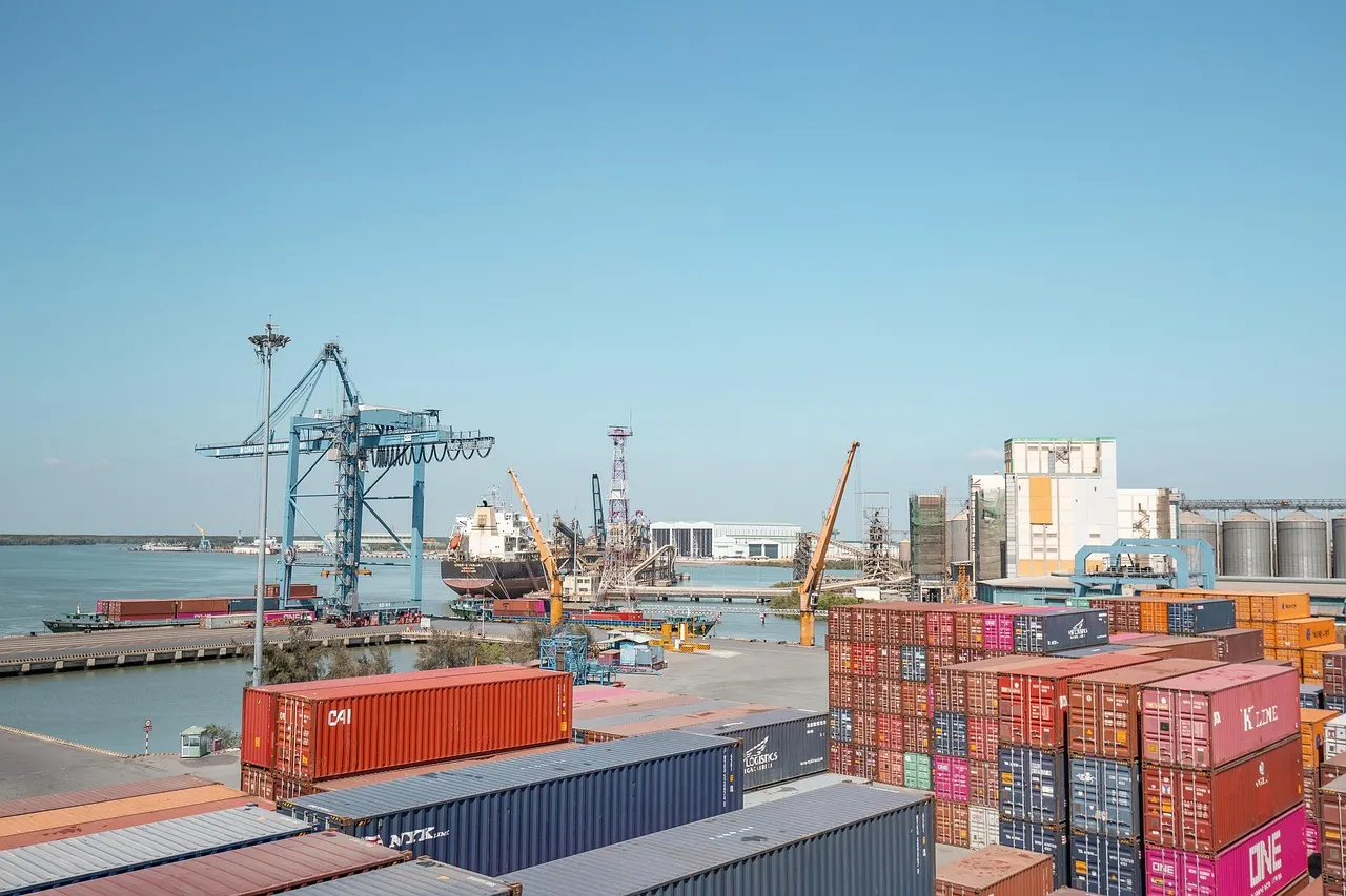 Quay cranes and container stacks at a container terminal in Vietnam