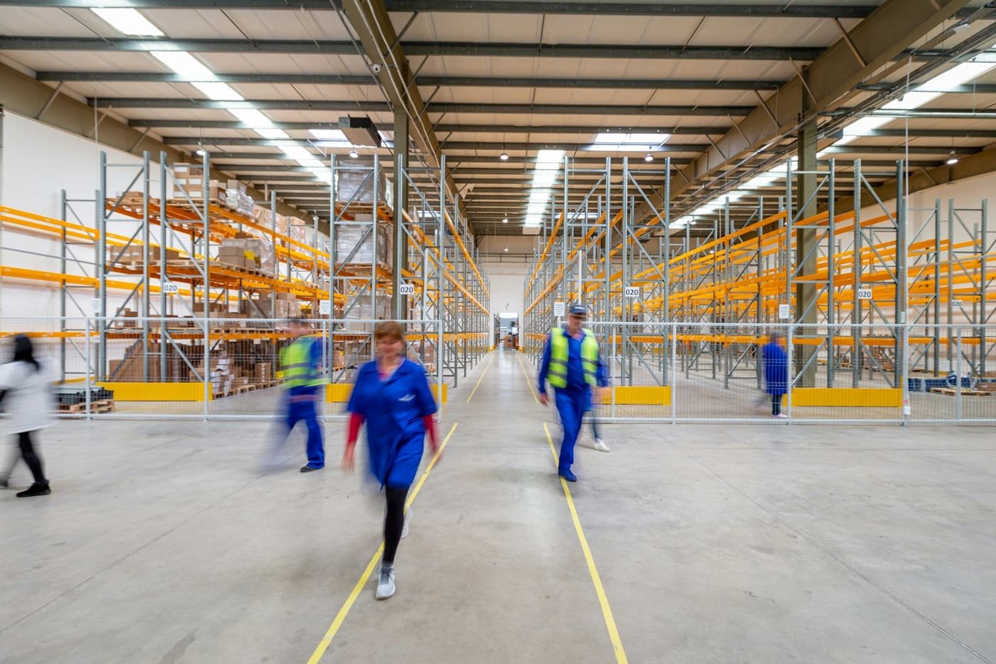 Workers walking along a wide warehouse aisle between pallet racking