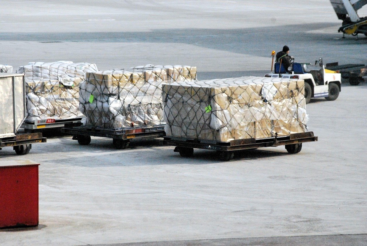 Air cargo pallets on an airport tarmac