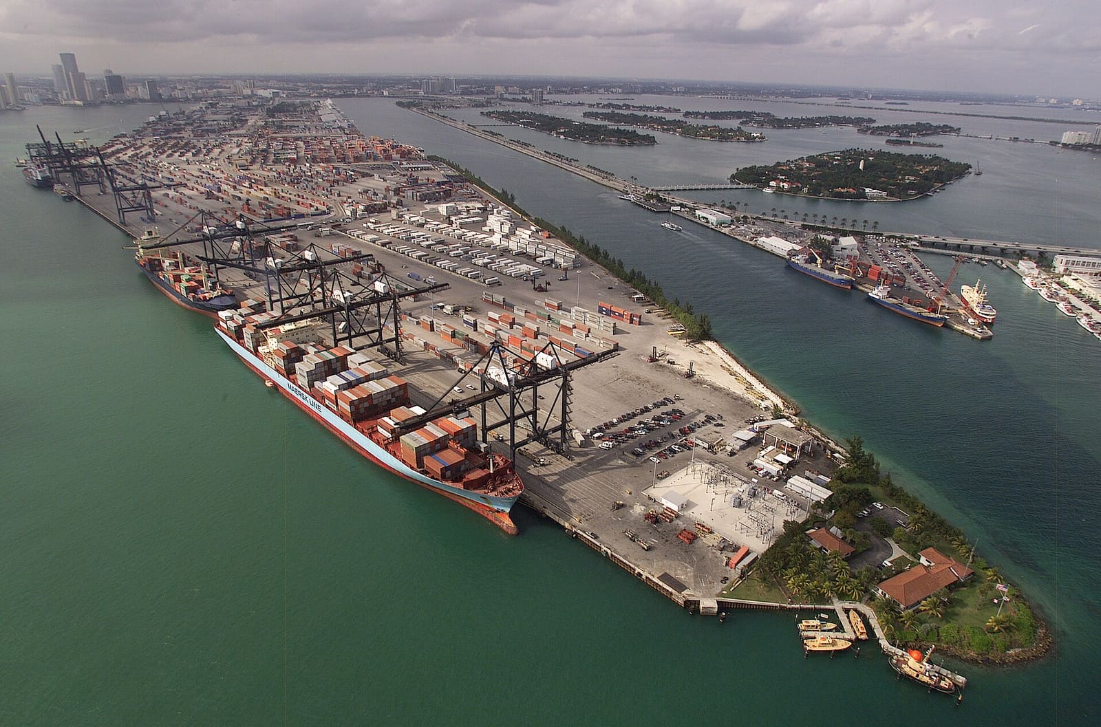 Aerial view of a container port handling international freight